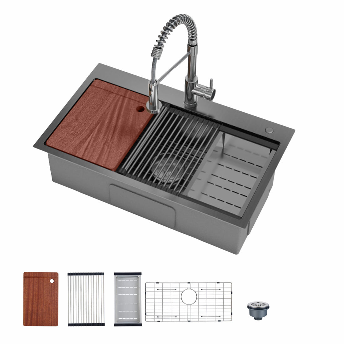 Garvee 84×56 cm Stainless Steel Drop-In Workstation Kitchen Sink with Pull Down Spring Tap and Accessories, Nano Black
