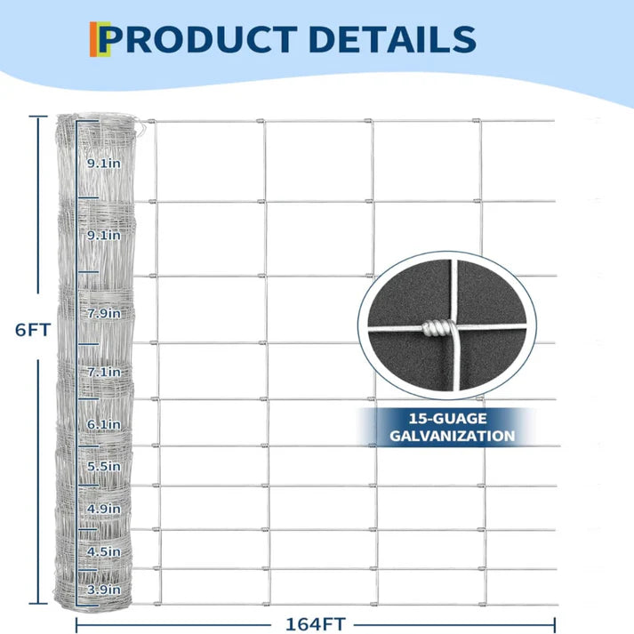 Garvee 6ft x 164ft Galvanized Steel Stock Fencing Heavy Duty Hinged Joint Livestock Wire Mesh for Cattle Horses Deer and Farm Perimeter Silver