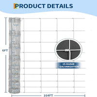 Garvee 6ft x 164ft Galvanized Steel Stock Fencing Heavy Duty Hinged Joint Livestock Wire Mesh for Cattle Horses Deer and Farm Perimeter Silver