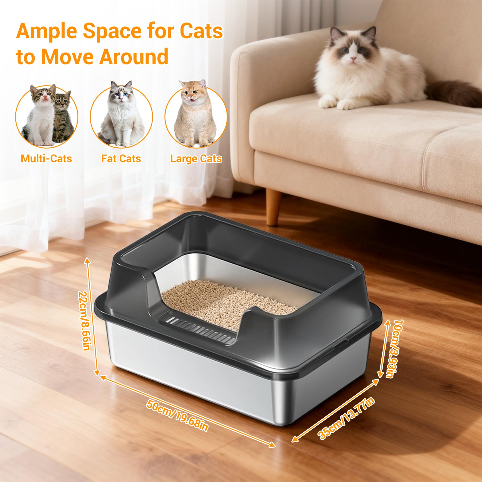 Garvee Stainless Steel Cat Litter Box Transparent Black 50 x 35 x 22 cm Open Top High Sided Litter Tray with Scoop