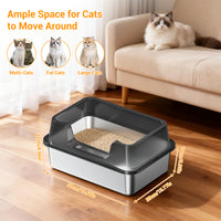Garvee Stainless Steel Cat Litter Box Transparent Black 50 x 35 x 22 cm Open Top High Sided Litter Tray with Scoop