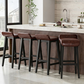 Garvee 66cm(26.2") Counter Height Bar Stools Set of 4 with Upholstered Low Back and Footrest, Wood Legs, Modern Kitchen and Dining Room, Dark Brown