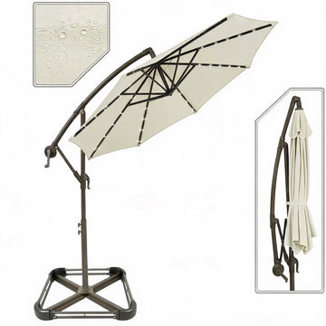 Garvee 300 cm Cantilever Garden Parasol with Base 40 Solar LED Lights UPF 50 Plus UV Protection Waterproof Canopy 8 Wind Resistant Ribs Crank Handle and Tilt Function for Patio Decking and Pool,Off White