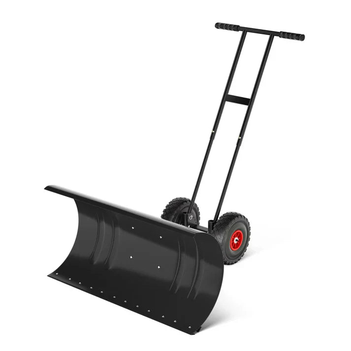 Garvee Snow Pusher with Wheels, 29" Heavy Duty Steel Blade, Adjustable Angle & Height Handle for Driveway Snow Removal, Ground Protection Base, Black