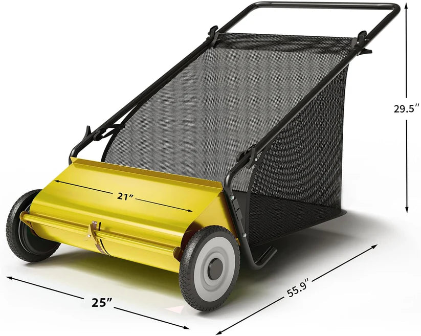 Garvee Push Lawn Sweeper 21-Inch Width 4-Brush System Yard Garden Cleanup Yellow Heavy Duty Steel Frame