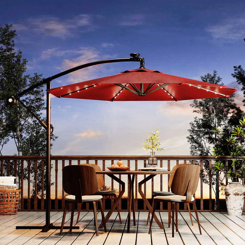 Garvee 300 cm Cantilever Garden Parasol with Base 40 Solar LED Lights UPF 50 Plus UV Protection Waterproof Canopy 8 Wind Resistant Ribs Crank Handle and Tilt Function for Patio Decking and Pool, Red