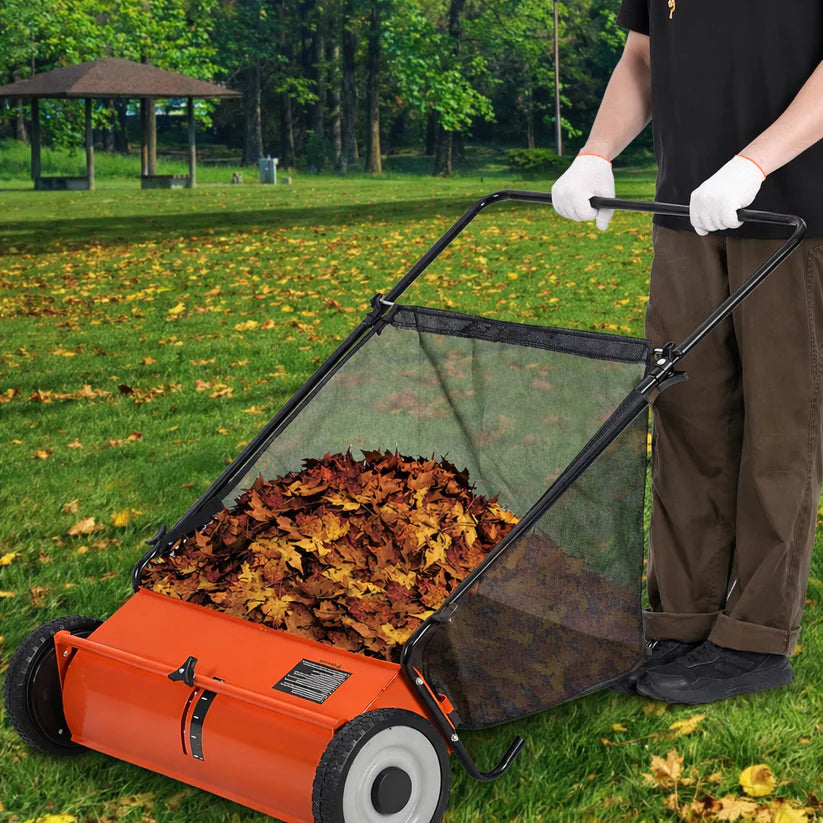 Garvee Push Lawn Sweeper 21-Inch Width Enhanced 4-Brush System Heavy Duty Steel Frame Orange for Yard and Garden Cleanup