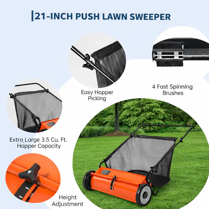 Garvee Push Lawn Sweeper 21-Inch Width Enhanced 4-Brush System Heavy Duty Steel Frame Orange for Yard and Garden Cleanup