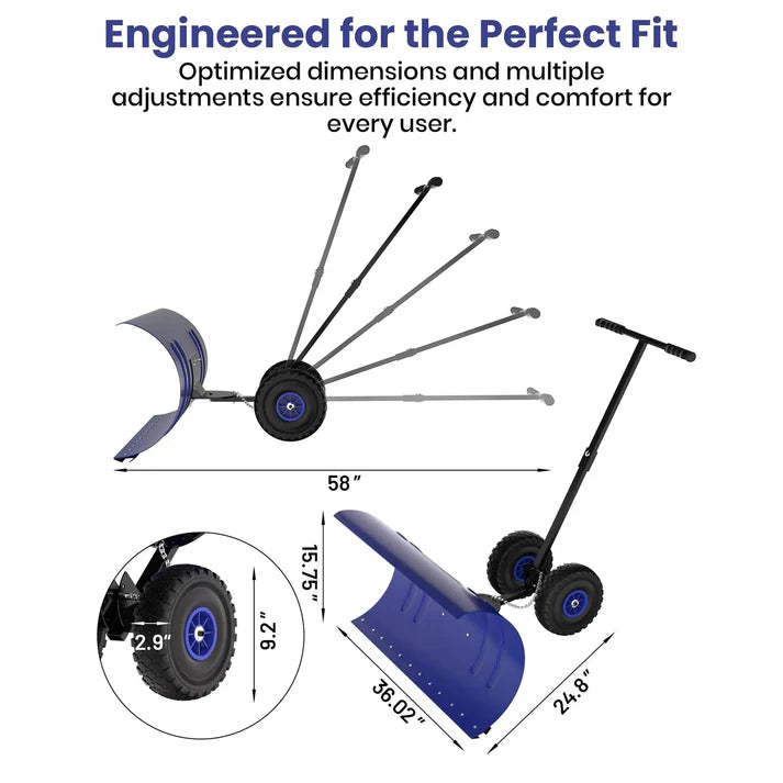 Garvee 29 Inch Snow Pusher with Wheels Rolling Snow Shovel Heavy Duty Steel Blade Adjustable Handle for Garden Paths and Driveways Black