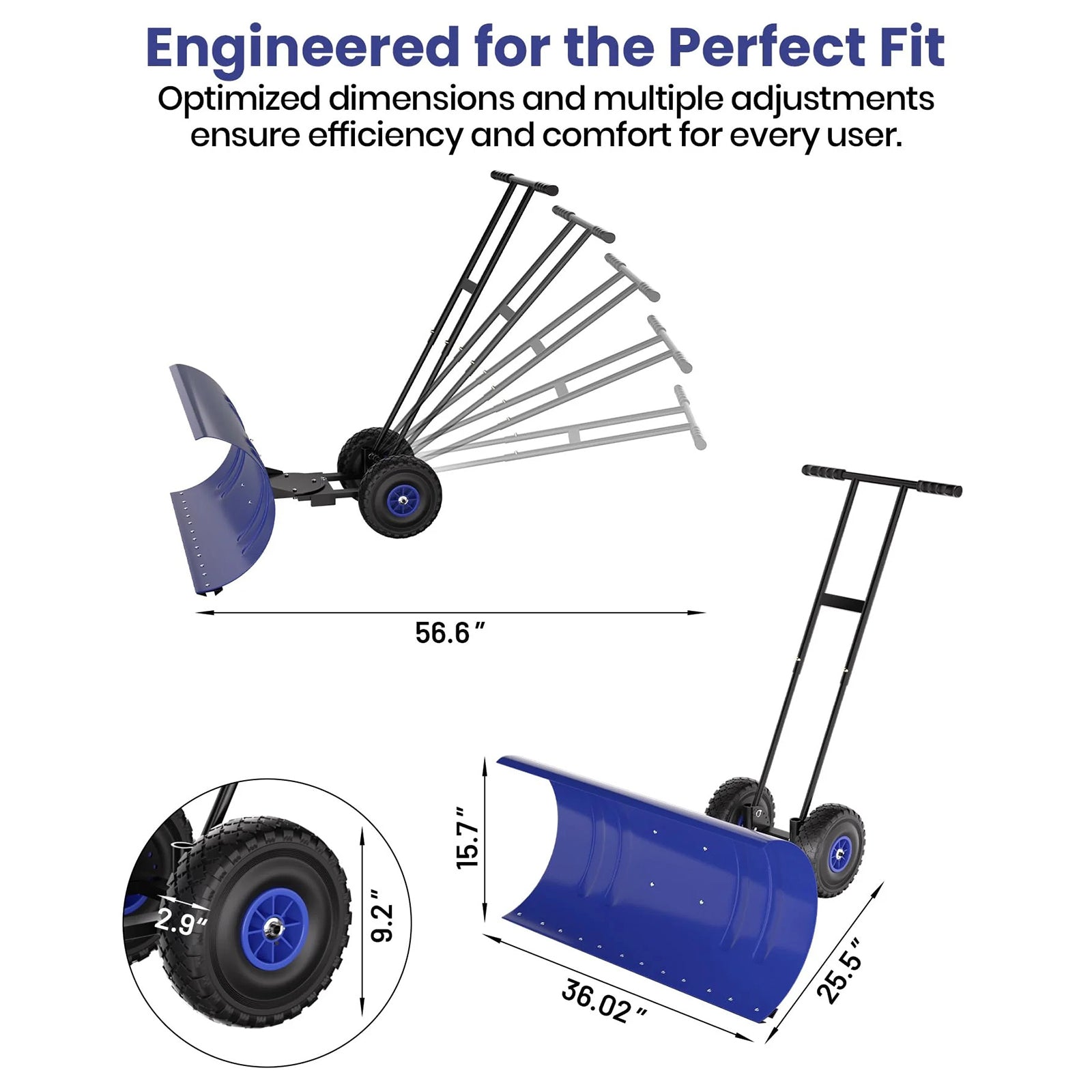 Garvee 36 Inch Snow Pusher with Wheels Heavy Duty Rolling Snow Shovel Adjustable Metal Blade for Driveway and Pavement