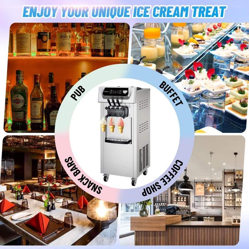 Garvee Commercial Soft Serve Ice Cream Machine Silver 3 Flavours 54 x 70 x 137 cm Freestanding 2200W LED Panel