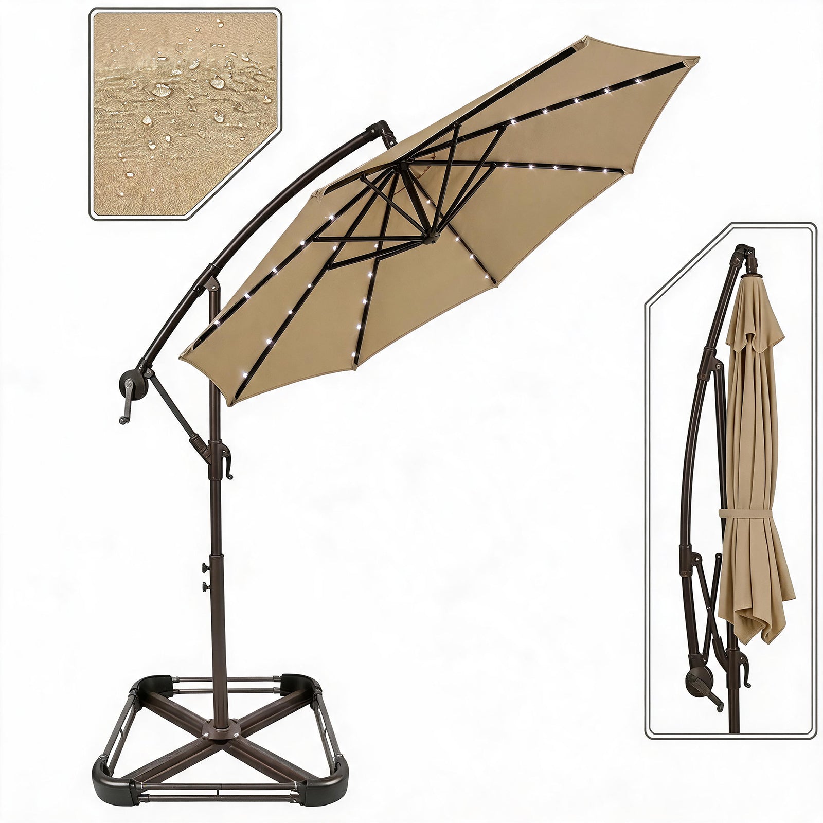 Garvee 300 cm Cantilever Garden Parasol with Base 40 Solar LED Lights UPF 50 Plus UV Protection Waterproof Canopy 8 Wind Resistant Ribs Crank Handle and Tilt Function for Patio Decking and Pool,Khaki
