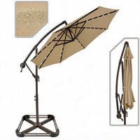 Garvee 300 cm Cantilever Garden Parasol with Base 40 Solar LED Lights UPF 50 Plus UV Protection Waterproof Canopy 8 Wind Resistant Ribs Crank Handle and Tilt Function for Patio Decking and Pool,Khaki