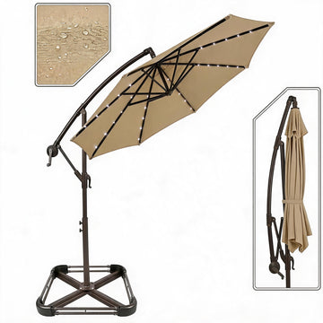 Garvee 300 cm Cantilever Garden Parasol with Base 40 Solar LED Lights UPF 50 Plus UV Protection Waterproof Canopy 8 Wind Resistant Ribs Crank Handle and Tilt Function for Patio Decking and Pool,Khaki