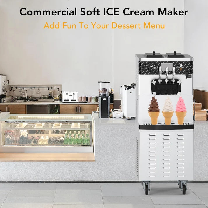 Garvee Commercial Soft Serve Ice Cream Machine Silver 3 Flavours 54 x 71 x 140 cm Pre Cooling Air Puffing 2450W