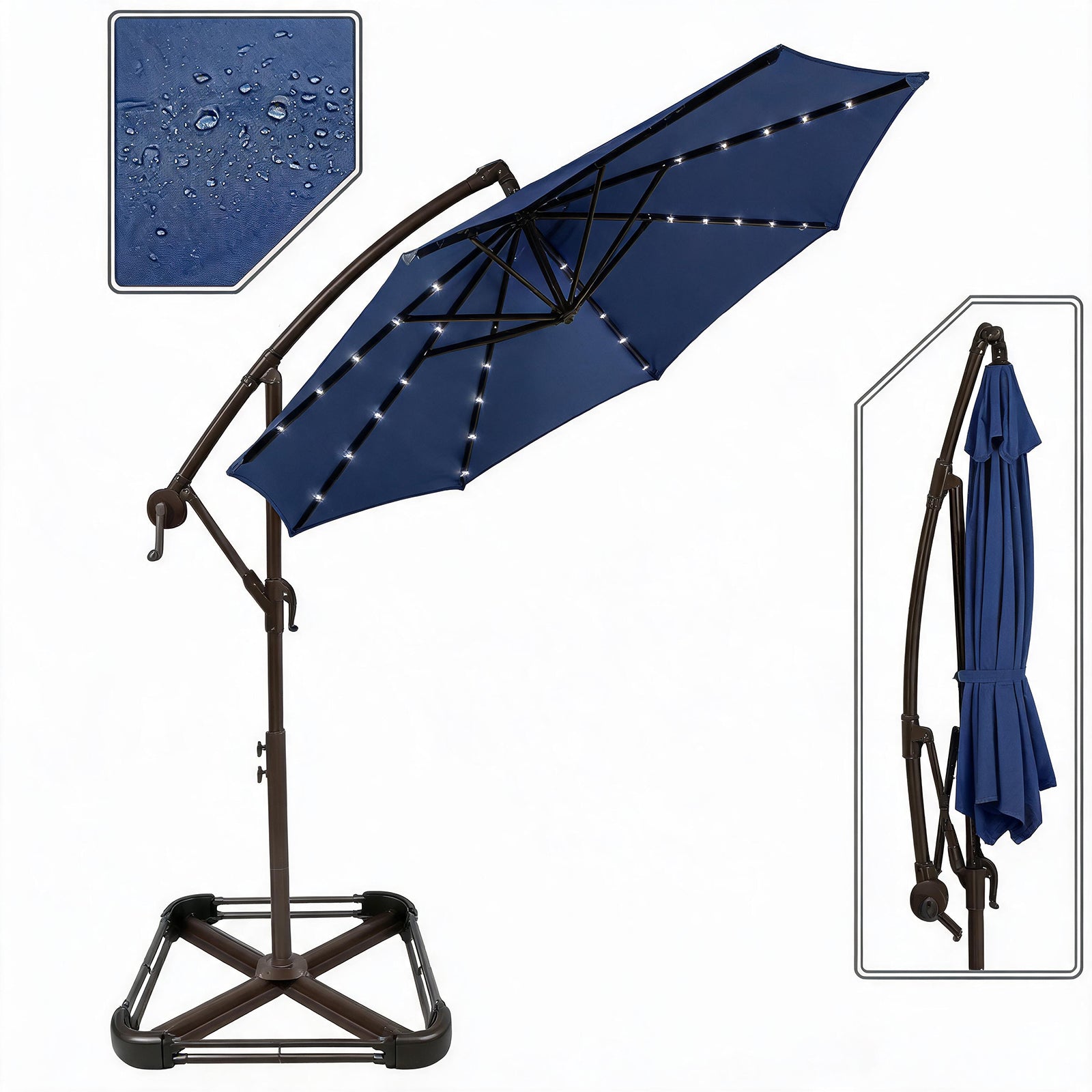 Garvee 300 cm Cantilever Garden Parasol with Base 40 Solar LED Lights UPF 50 Plus UV Protection Waterproof Canopy 8 Wind Resistant Ribs Crank Handle and Tilt Function for Patio Decking and Pool,Navy Blue