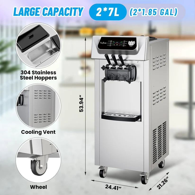 Garvee Commercial Soft Serve Ice Cream Machine Silver 3 Flavours 54 x 70 x 137 cm Freestanding 2200W LED Panel