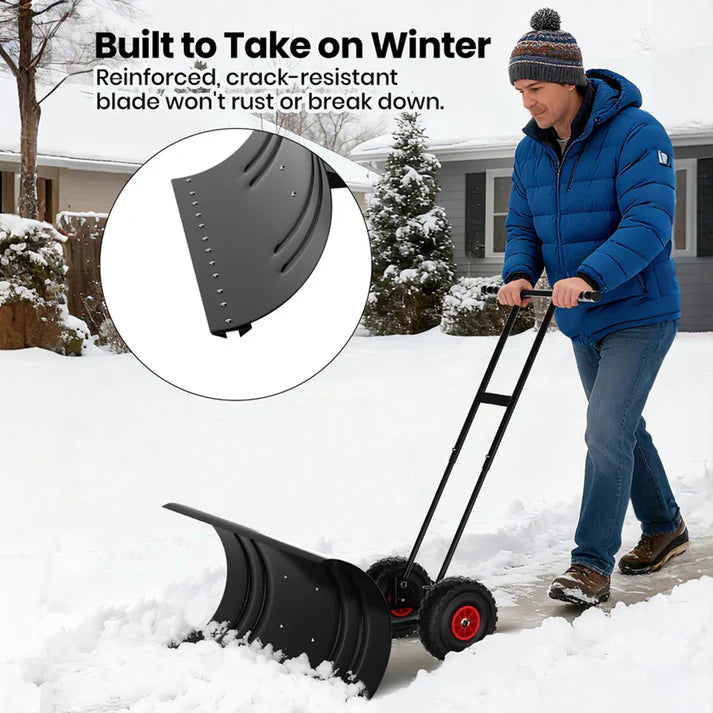 Garvee 36 Inch Snow Pusher with Wheels Heavy Duty Rolling Snow Shovel Adjustable Metal Blade for Driveway and Pavement