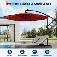 Garvee 300 cm Cantilever Garden Parasol with Base 40 Solar LED Lights UPF 50 Plus UV Protection Waterproof Canopy 8 Wind Resistant Ribs Crank Handle and Tilt Function for Patio Decking and Pool, Red