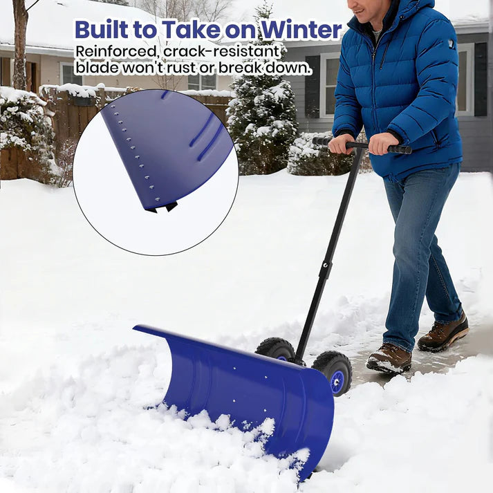 Garvee 29 Inch Snow Pusher with Wheels Rolling Snow Shovel Heavy Duty Steel Blade Adjustable Handle for Garden Paths and Driveways Black