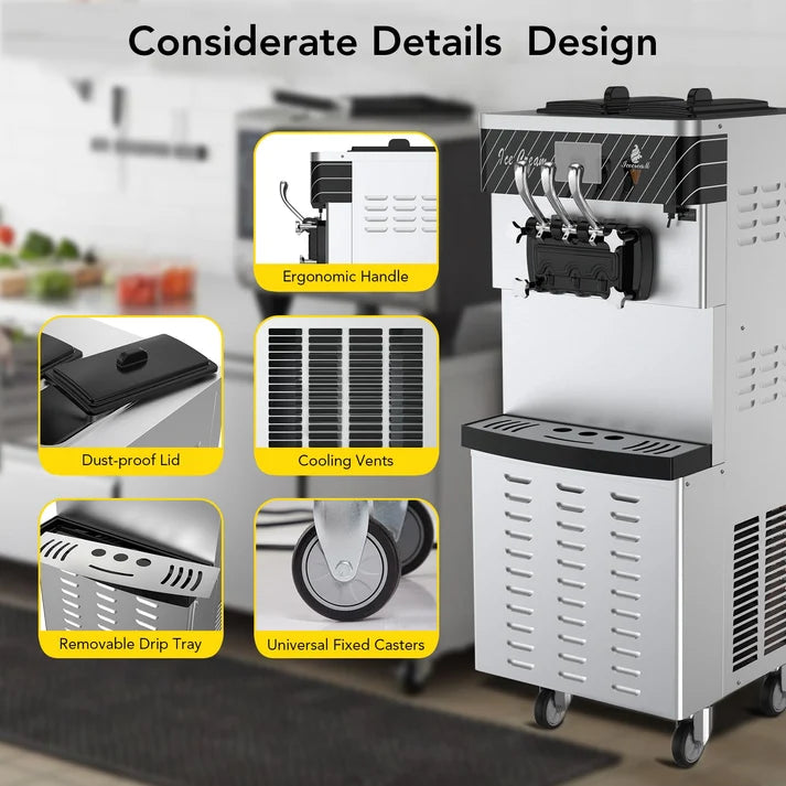 Garvee Commercial Soft Serve Ice Cream Machine Silver 3 Flavours 54 x 71 x 140 cm Pre Cooling Air Puffing 2450W