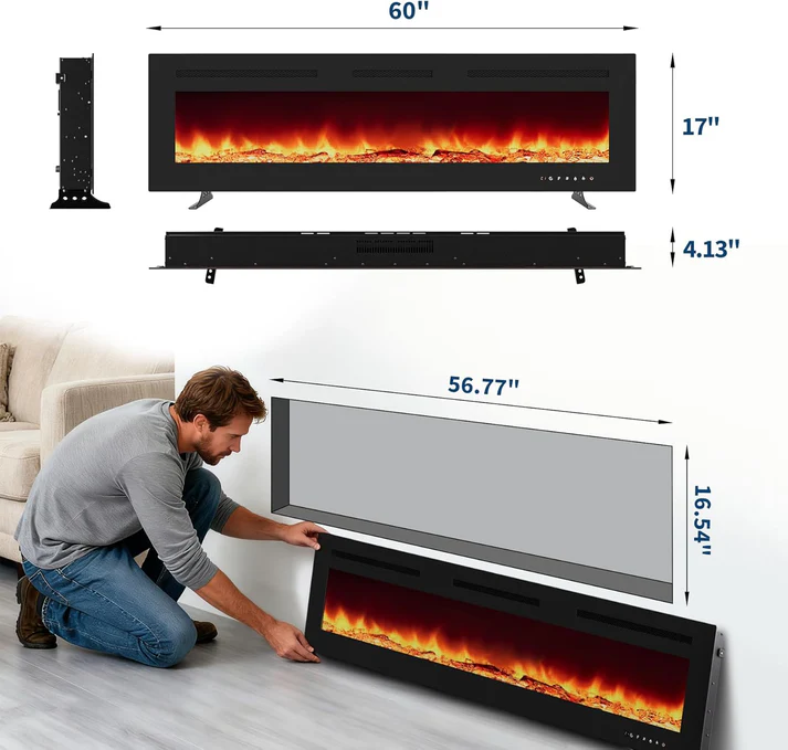 Garvee 60 Inch Electric Fireplace Recessed Media Wall Fire with Remote Control Adjustable LED Flame Colours and Heater Black Glass