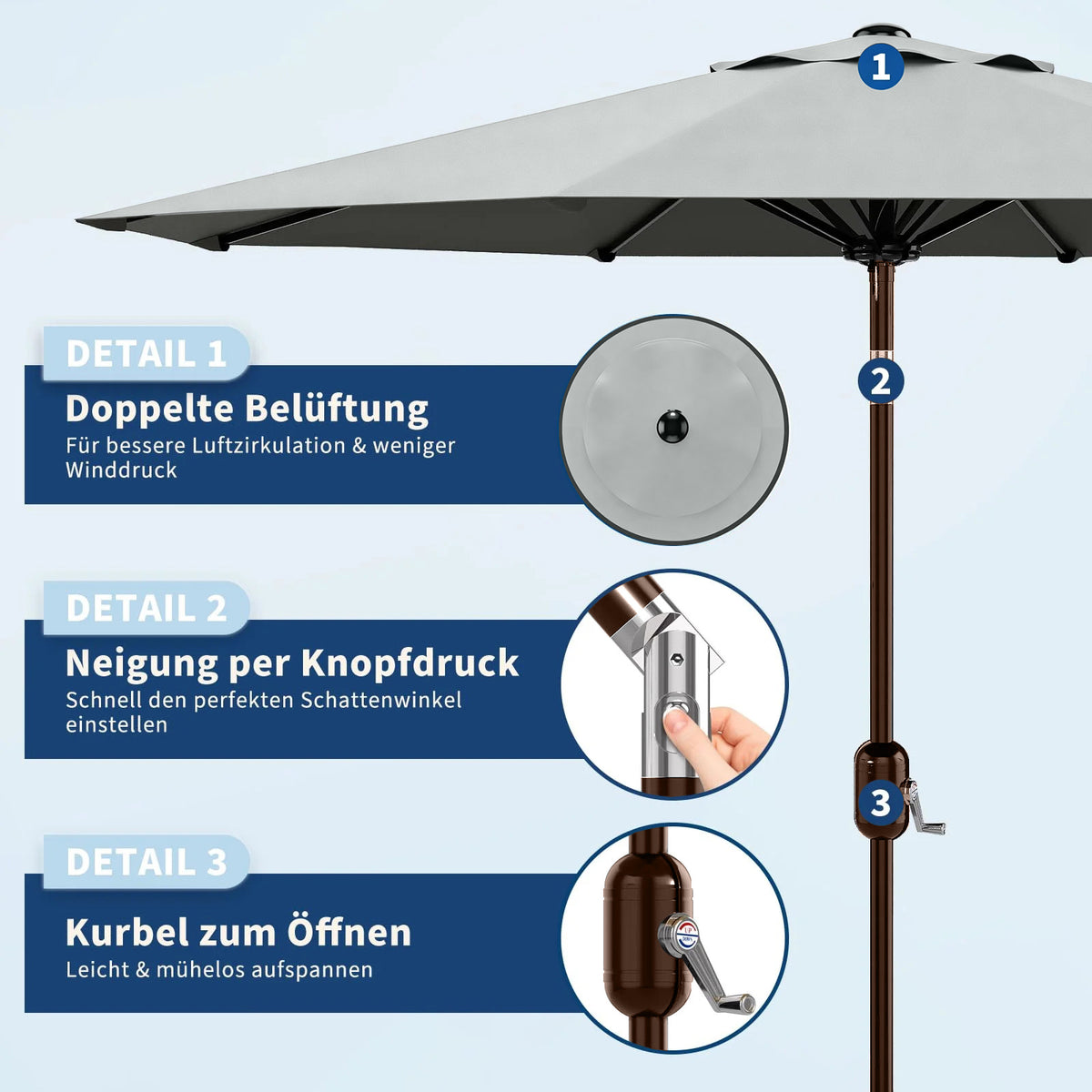 Garvee Grey Outdoor Garden Parasol UV Resistant Sun Shade Umbrella with Crank Handle and Adjustable Tilt for Outdoor Patio