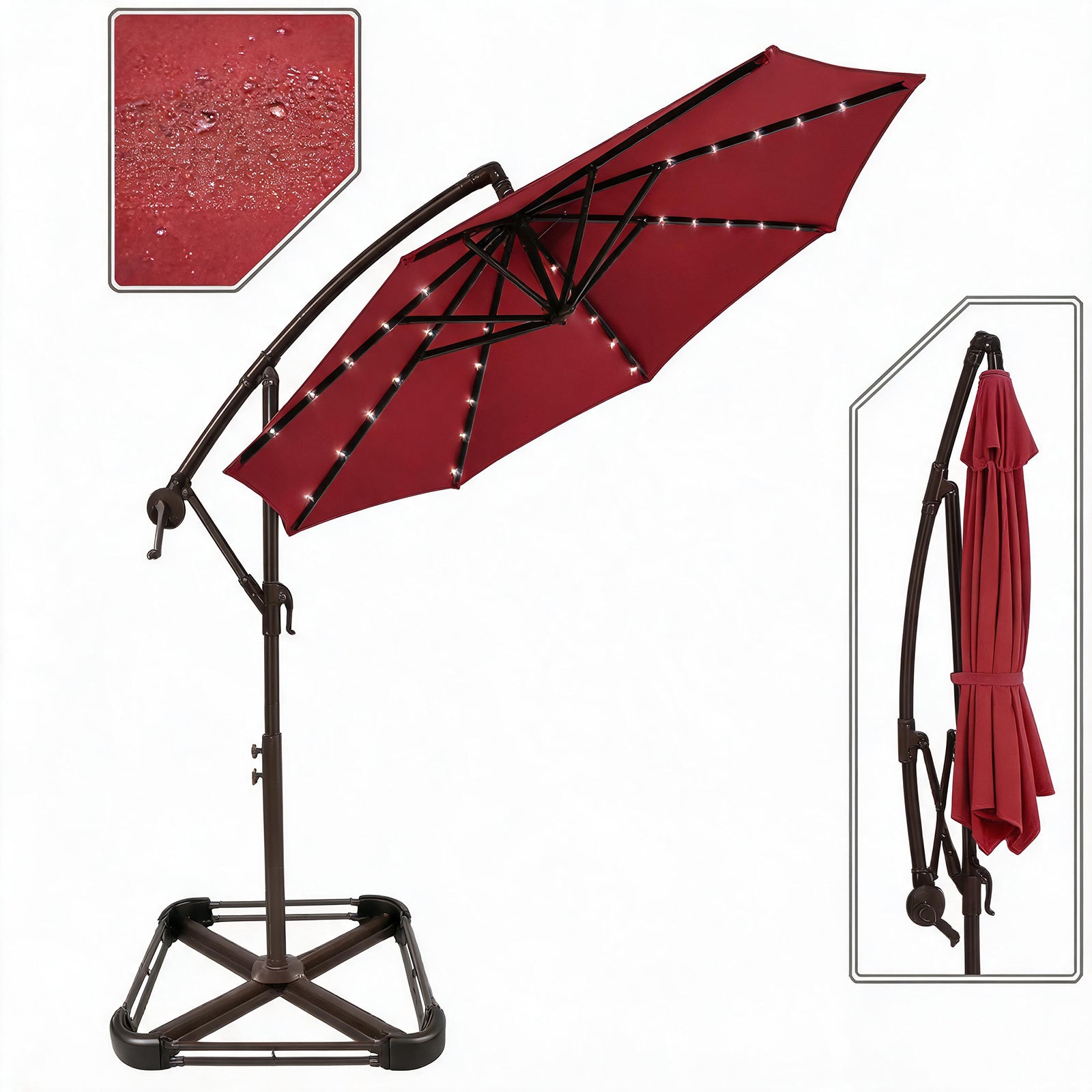 Garvee 300 cm Cantilever Garden Parasol with Base 40 Solar LED Lights UPF 50 Plus UV Protection Waterproof Canopy 8 Wind Resistant Ribs Crank Handle and Tilt Function for Patio Decking and Pool, Red