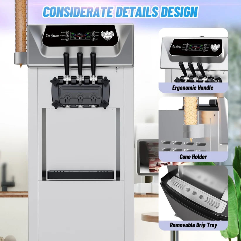 Garvee Commercial Soft Serve Ice Cream Machine Silver 3 Flavours 54 x 70 x 137 cm Freestanding 2200W LED Panel
