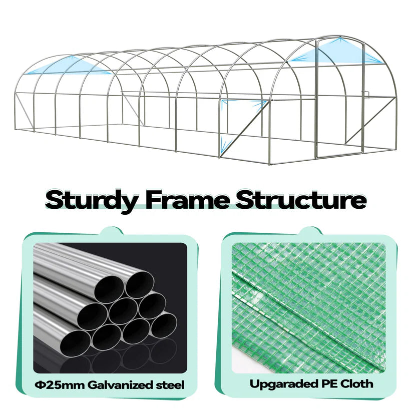 Garvee 27x10x7ft Walk-in Greenhouse – Heavy-Duty Galvanised Steel Frame with 16 Mesh Windows & Swing Door for Large Garden Allotments