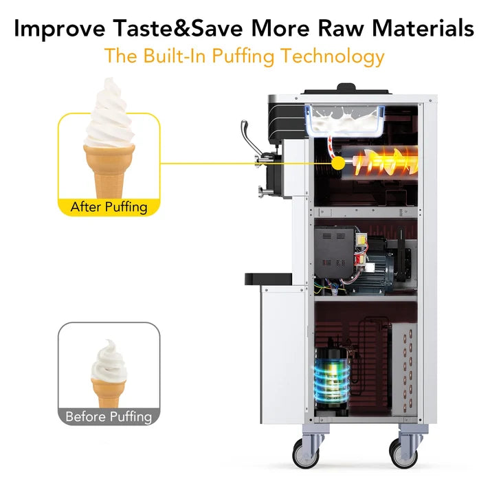 Garvee Commercial Soft Serve Ice Cream Machine Silver 3 Flavours 54 x 71 x 140 cm Pre Cooling Air Puffing 2450W