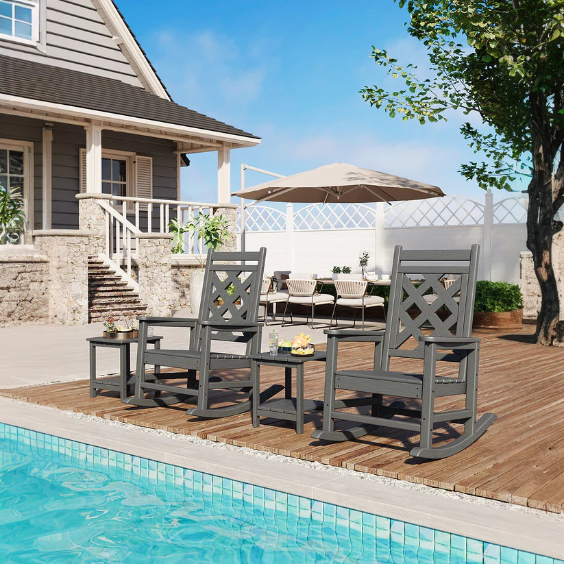 Garvee Oversized Rocking Chair Outdoor HDPE Adirondack Rocking Chair with Wood Texture for Deck Patio Pool Backyard Gray