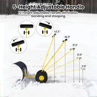 Garvee 29 Inch Bi-Directional Snow Pusher with Wheels Angled Blade Rolling Snow Plough with Adjustable Handle for Driveway and Garden Path