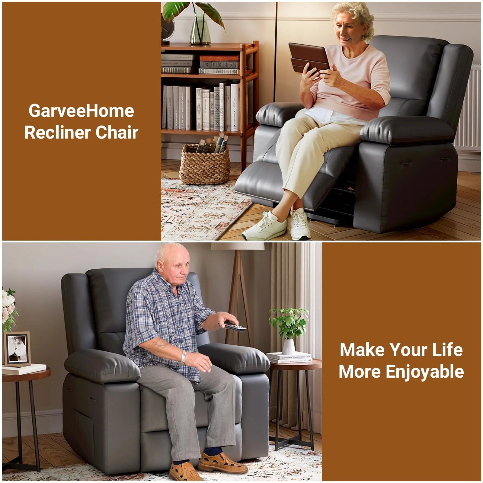 Garvee Electric Power Lift Riser Recliner Chair for Elderly Massage & Heat Vibration Sofa with USB Port and Cup Holders Grey PU Leather