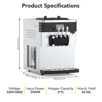 Garvee Commercial Soft Serve Ice Cream Machine Silver 3 Flavours 54 x 83.5 x 83 cm Countertop Pre Cooling 304 Steel