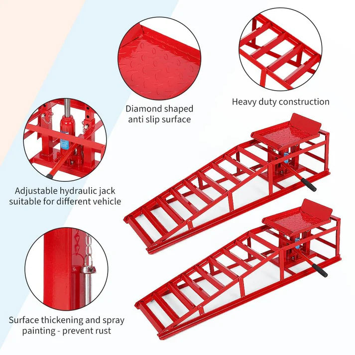 Garvee 2pc 5 Tonne Hydraulic Car Ramps 5000kg Heavy Duty Vehicle Lifts Adjustable Height 25cm to 38cm Ideal for Oil Changes Low Profile Saloons SUVs and Vans Red