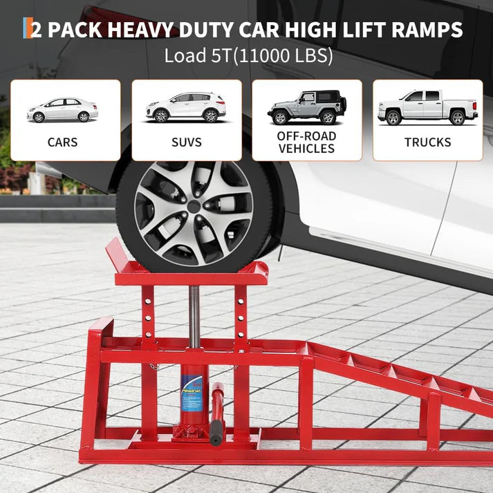 Garvee 2pc 5 Tonne Hydraulic Car Ramps 5000kg Heavy Duty Vehicle Lifts Adjustable Height 25cm to 38cm Ideal for Oil Changes Low Profile Saloons SUVs and Vans Red