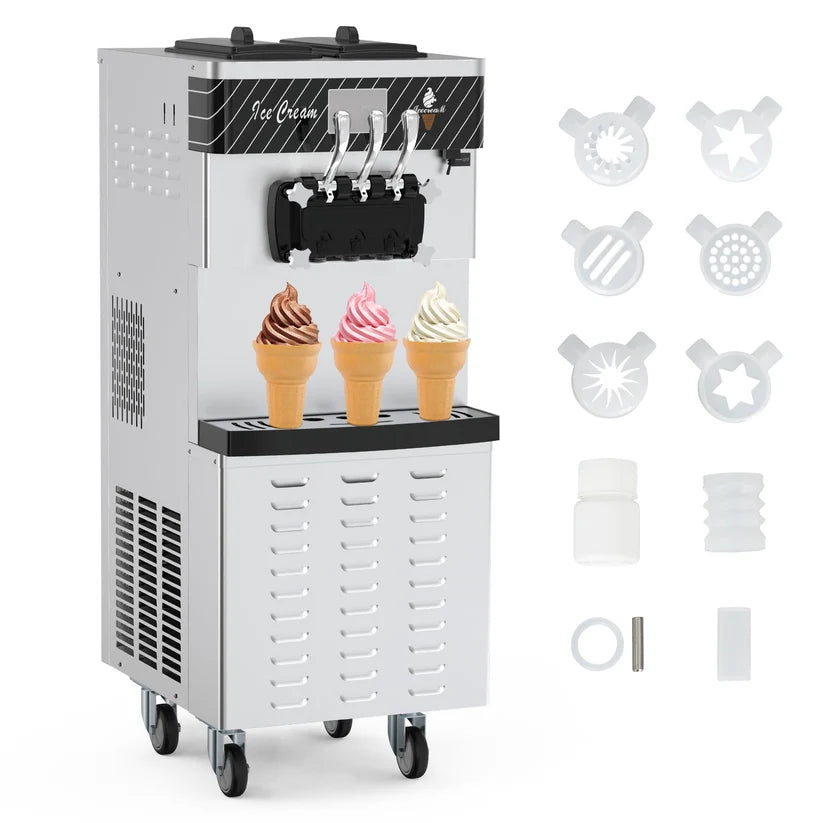 Garvee 3 Flavor Soft Serve Ice Cream Maker 2450W 20-30L/H Yield 14L Hopper Smart LED Controls Self-Clean Mobile for Snack Bars Supermarkets (Pre-Chill, 304 Steel)