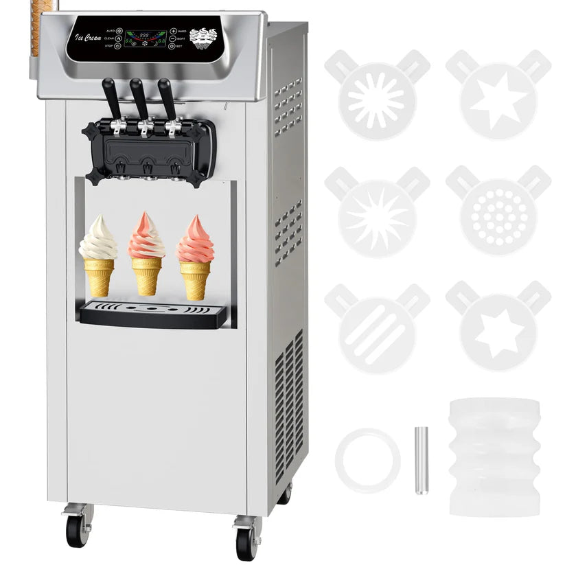 Garvee Commercial Soft Ice Cream Machine 3 Flavours Clean LED Panel Perfect for Restaurants Snack Bars Supermarkets 2200W Silver Freestanding (Without Pre-Chill)