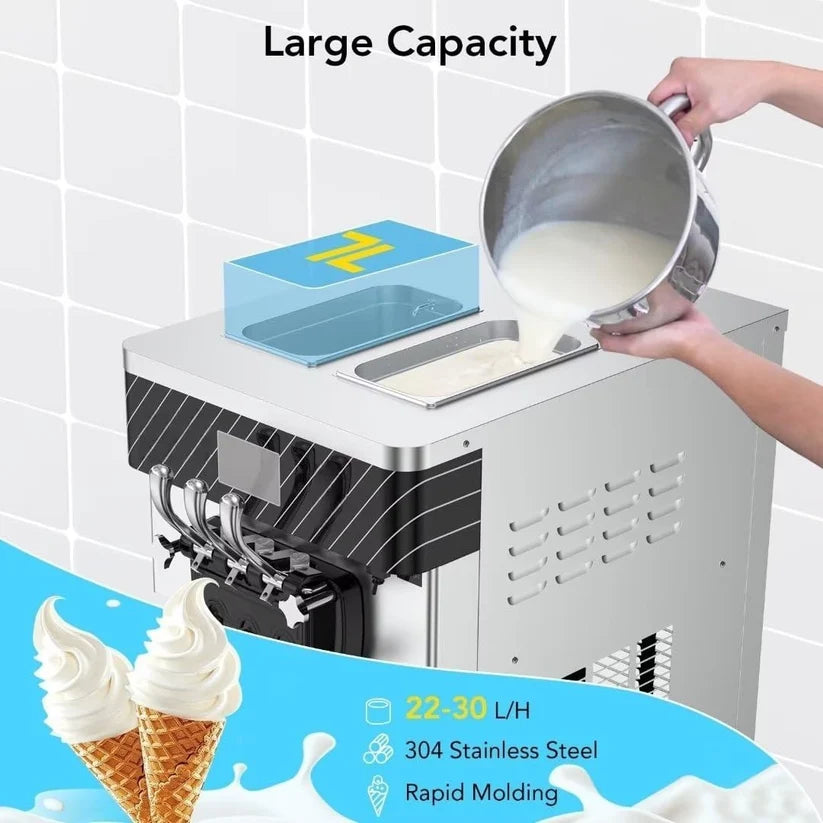 Garvee Commercial Soft Serve Ice Cream Machine Silver 3 Flavours 54 x 83.5 x 83 cm Countertop Pre Cooling 304 Steel