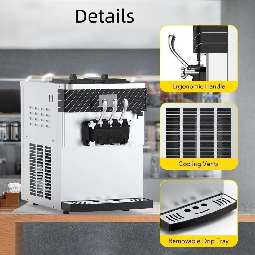 Garvee Commercial Soft Serve Ice Cream Machine Silver 3 Flavours 54 x 83.5 x 83 cm Countertop Pre Cooling 304 Steel