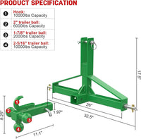 Garvee Green 3-Point Hitch Receiver Category 1 Heavy-Duty Tractor Attachment with 5 cm Trailer Hitch Receiver for Compact and Sub-Compact Tractors