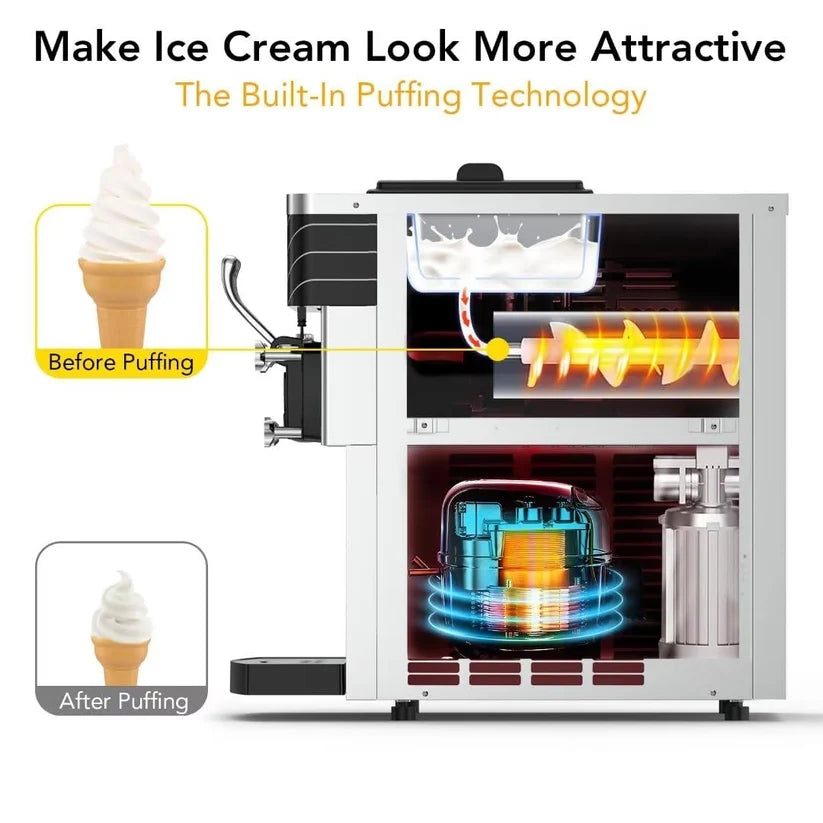 Garvee Commercial Soft Serve Ice Cream Machine Silver 3 Flavours 54 x 83.5 x 83 cm Countertop Pre Cooling 304 Steel