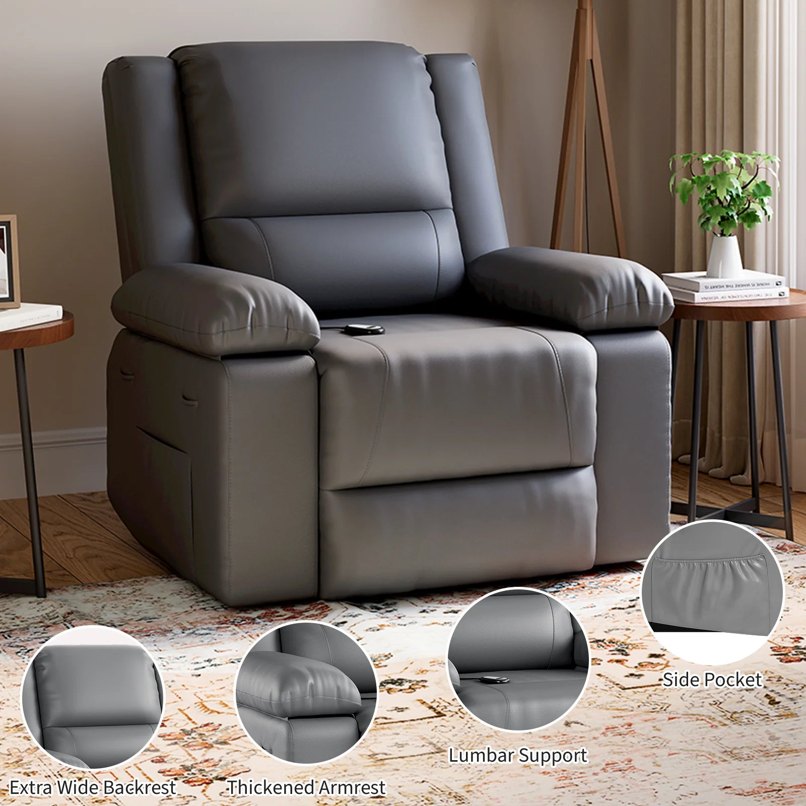 Garvee Electric Power Lift Riser Recliner Chair for Elderly Massage & Heat Vibration Sofa with USB Port and Cup Holders Grey PU Leather