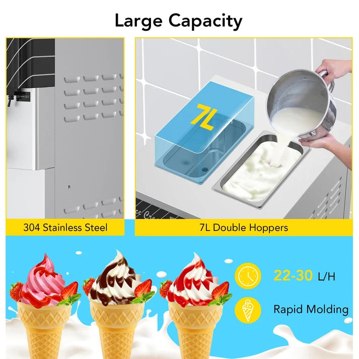Garvee Commercial Soft Serve Ice Cream Machine Silver 3 Flavours 54 x 71 x 140 cm Pre Cooling Air Puffing 2450W