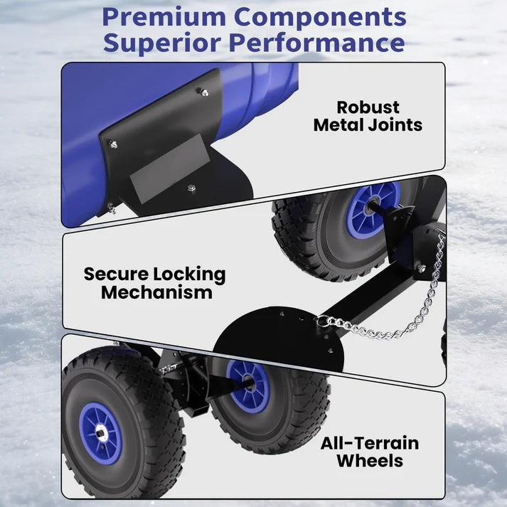 Garvee 29 Inch Snow Pusher with Wheels Rolling Snow Shovel Heavy Duty Steel Blade Adjustable Handle for Garden Paths and Driveways Black