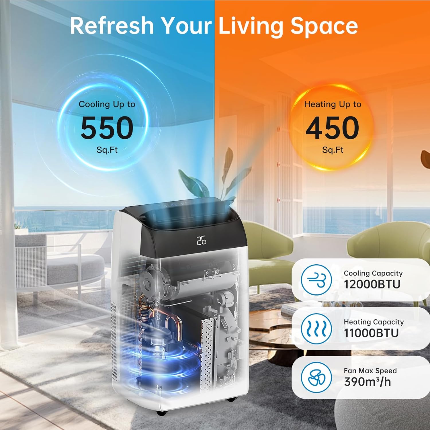 Garvee 12000 BTU Portable Air Conditioner 4-in-1 Cooling Heating Dehumidifier and Fan Unit 39.6x46x86.5 cm White