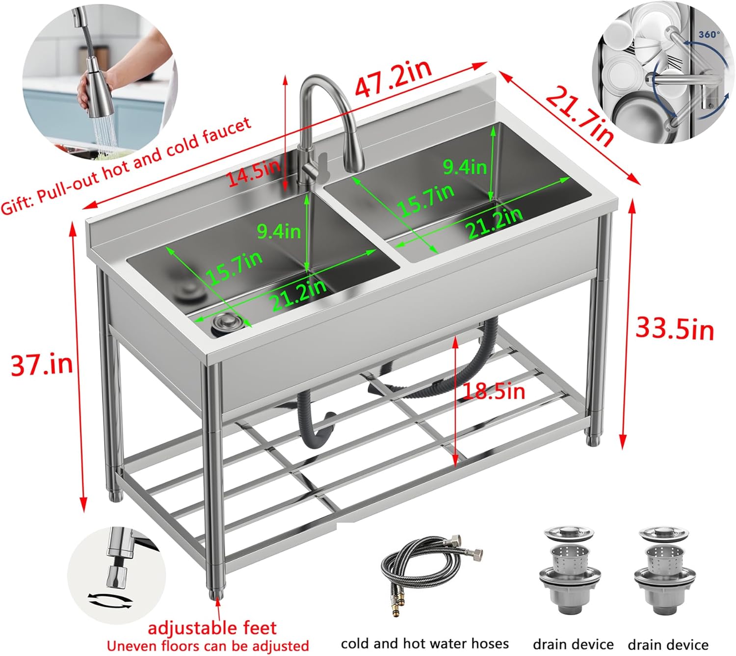 GARVEE Stainless Steel Single Basin Utility Sink, Freestanding Commercial Prep Sink with Tap & Shelf for Garden, Garage & Catering