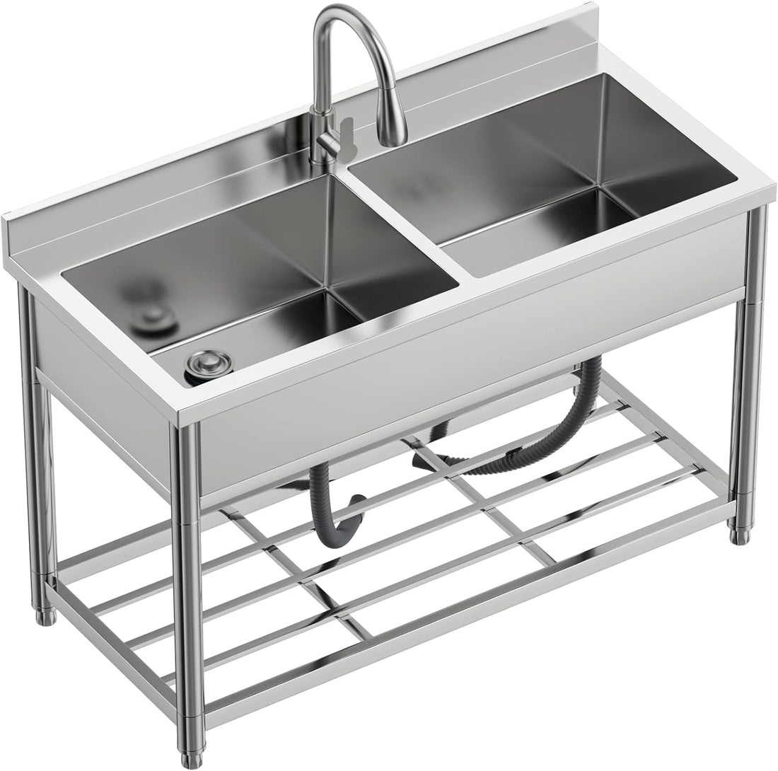 GARVEE Stainless Steel Single Basin Utility Sink, Freestanding Commercial Prep Sink with Tap & Shelf for Garden, Garage & Catering