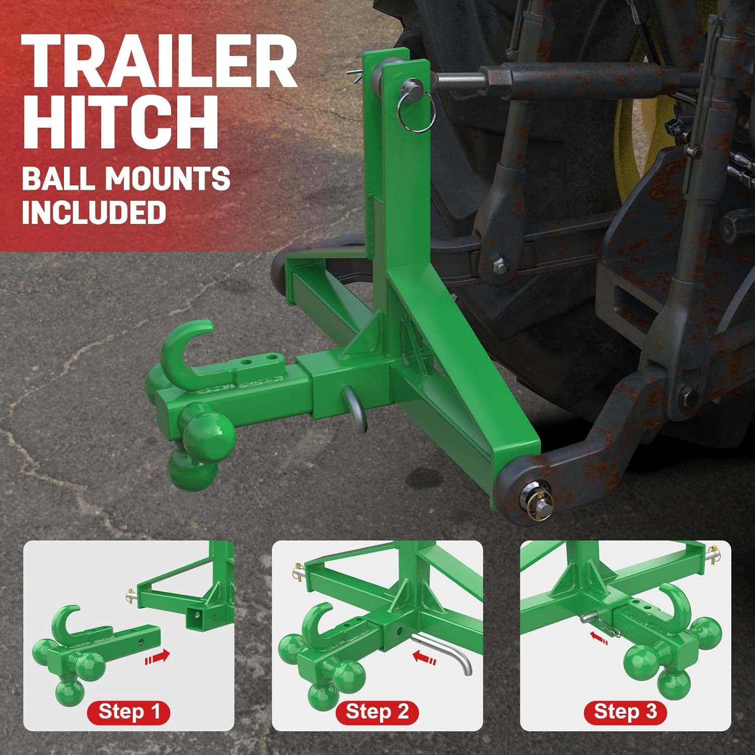Garvee Green 3-Point Hitch Receiver Category 1 Heavy-Duty Tractor Attachment with 5 cm Trailer Hitch Receiver for Compact and Sub-Compact Tractors